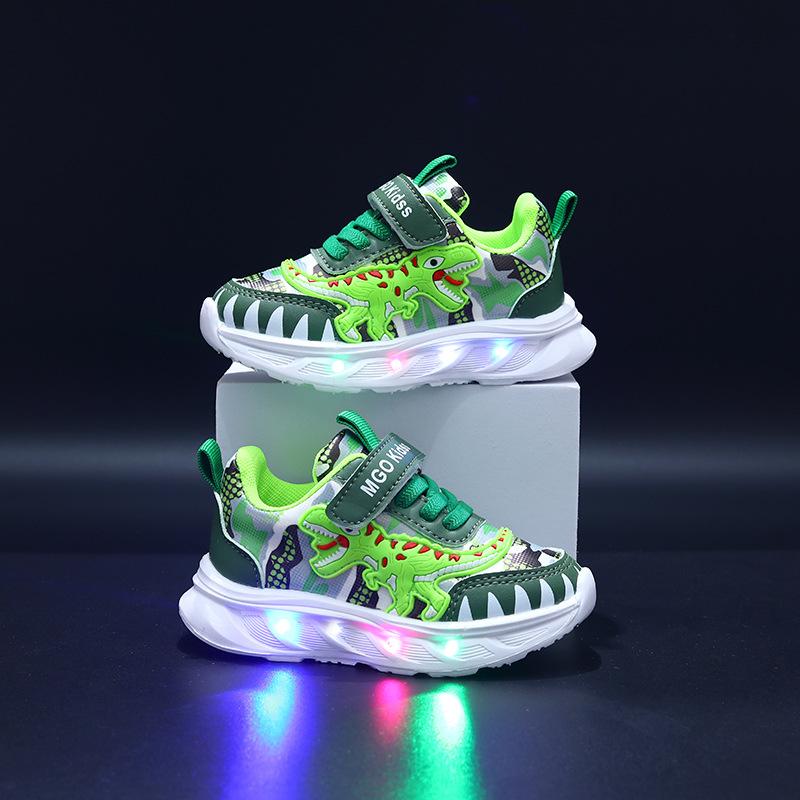 

Outdoor Baby Boys Shoes Cartoon Dinosaur Kids Sneakers LED Light Basketball Shoe Children Luminous Shoes 21(insole 13.3cm) зелёный