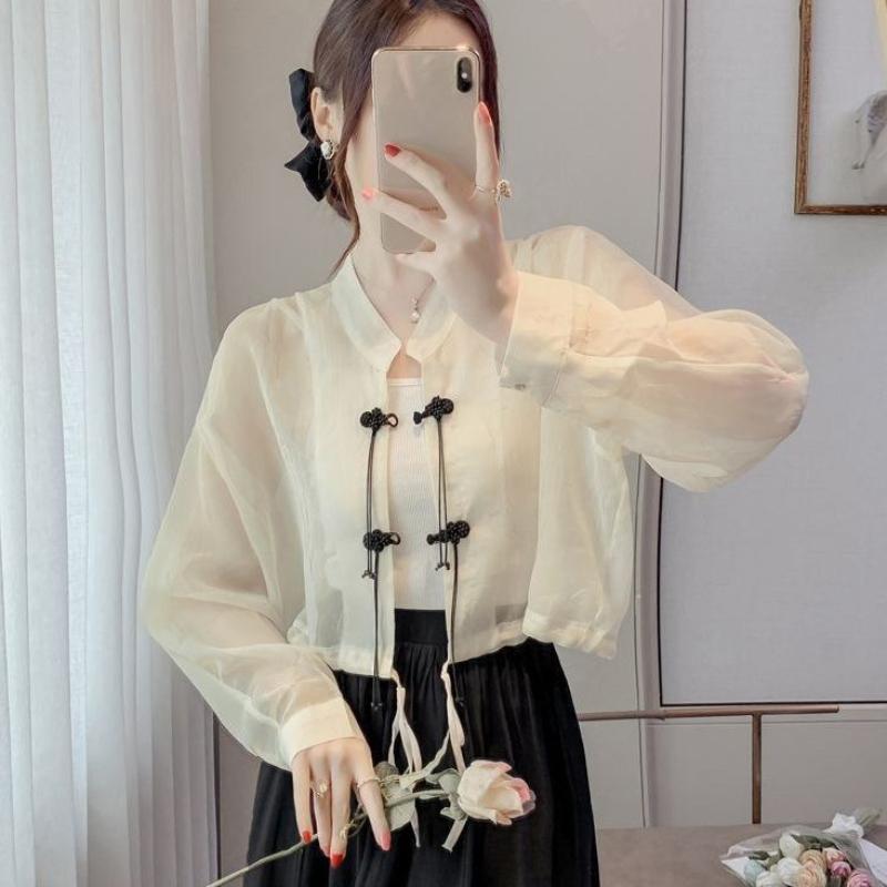 Vasarinė lengva šilko tipo trumpa striukė Šifoninė apsauganti nuo saulės palaidinė Moteriškas madingas retro stiliaus sagomis užsegamas ilgomis rankovėmis viršutinis drabužis su dizaino pojūčiu