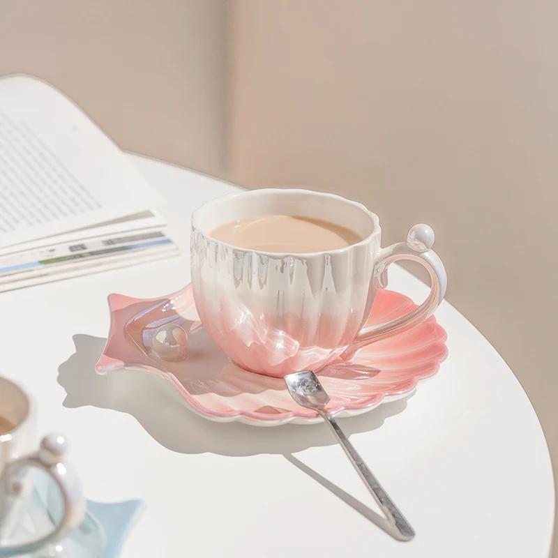 Pearl Shell Design Ceramics Mug with Pillow Tray,Afternoon Coffee Mug Tea Mug Premium and Exquisite Household Mugs and Plate Set