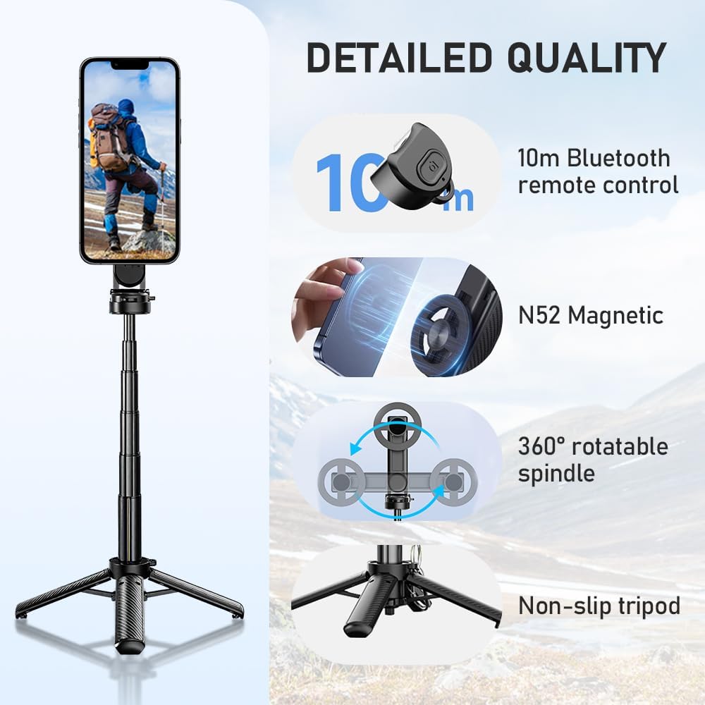 4-in-1 Multifunctional 360° Rotation Magnetic Selfie Stick, 2025 New 360° Rotation Phone Tripod with Bluetooth Remote Control, Portable Extendable Mag