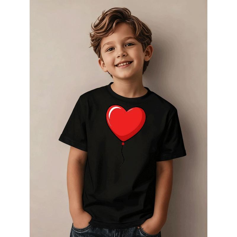Boys Black Heart Balloon Print Crewneck Short Sleeve Tee, Casual Sport Daily Top