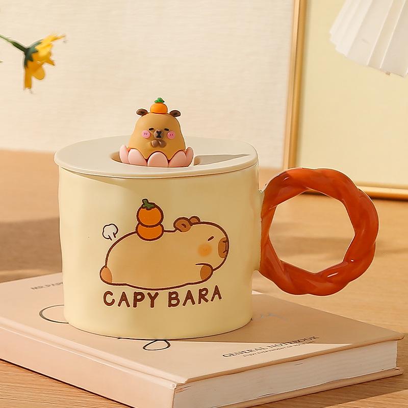 Capybara Tasse Keramiktasse mit Deckel Haushalt Frühstückstasse Hochwertige Wasser Tasse Eröffnungsveranstaltung Souvenir 301-400ml beige