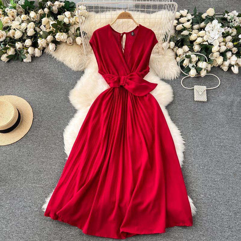 

Spring and Summer Goddess Temperament Elegant V Neck Kikyou Dress Red One size