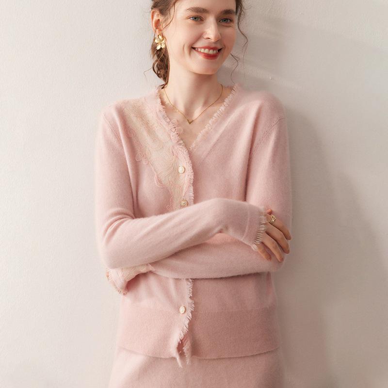 2025 A/W Women's V-neck Lace Cashmere Cardigan Sweater - Solid Color, Loose Fit
