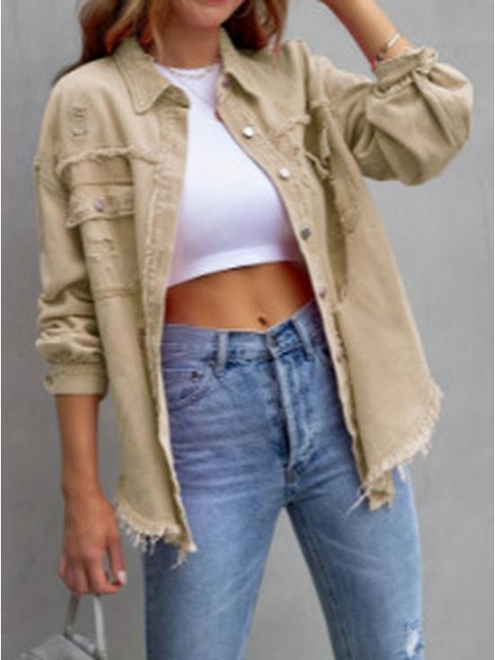 Women's 2025 European & American Solid Color Ripped Denim Jacket - Loose Fit, Long Sleeve