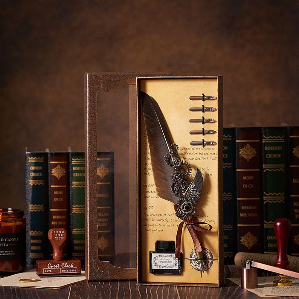 Boxed Dipped ink pen Quill Feather Dip Pen with 5 Nib Set Fountain Pen with Ink Calligraphy Pen