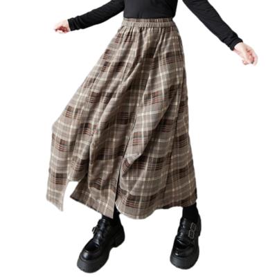 Kockovaná dlhá sukňa s elastickým nepravidelným a úzkym stredným plus veľkosťami, nadýchaná a ideálna na každý deň a na jeseň [POGCZMKK] Dámska sukňa, Pás,