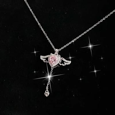 Cupid Heart Necklace Female Pink Diamond Zircon Romantic Love Collarbone Chain Qixi Festival Gift For Girlfriend