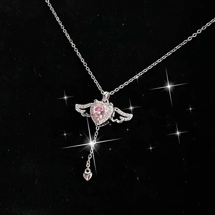 Cupid Herz Halskette Damen Rosa Diamant Zirkon Romantische Liebe Schlüsselbeinkette Qixi Festival Geschenk für Freundin