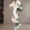 Men Plus Size White Printed Two Piece Set Round Neck Long Sleeve Top Cuffed Pants