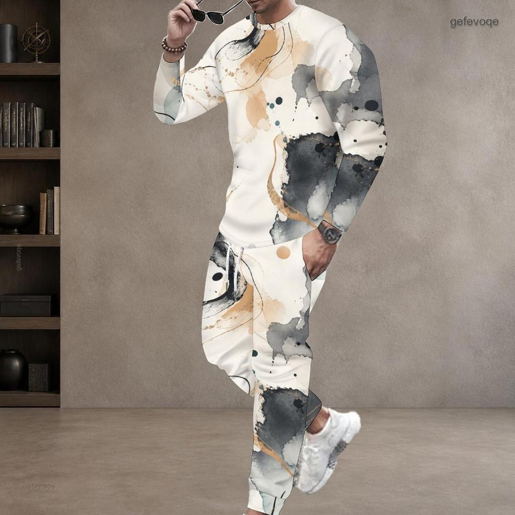 Men Plus Size White Printed Two Piece Set Round Neck Long Sleeve Top Cuffed Pants