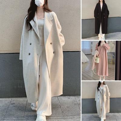 Women Fall Winter Overcoat Loose Lapel Thickened Windproof Warm Soft Double-breasted Solid Color Pockets Long Sleeve Lady Mid Length Trench Coat