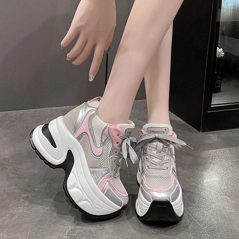 Fashion High Platform Sneakers For Women New 2024 Autumn Mesh Shoes Comfortable Casual Chunky Shoes 10CM Wedge Heels Breathable Sneakers
