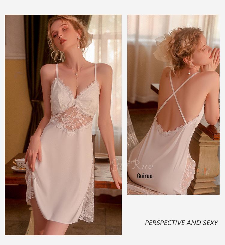 Satin Backless Lace Nightgown with Padded Deep V & Tie-Waist Robe Set