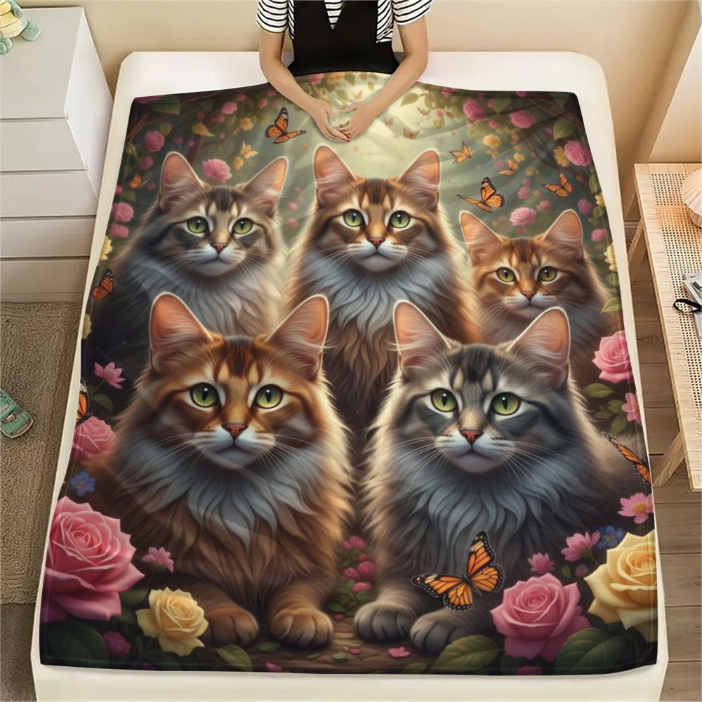 1PC Cat Print Flannel Blanket, High quality Comfortable for All Seasons, Home Decor, Warmth and Comfort