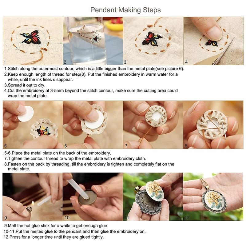 4-Pack Fashion Embroidery Pendant Kit with Scissors Needles Instructions DIY Necklace Art Crafts for Cross Stitch Kits G