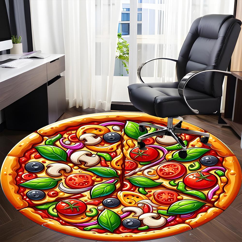1pc Pizza Print Chair Carpet for Office, Round Polyester Mat, Indoor Decor for Office, Easycare Fabric, Washable Non-slip Area Carpet
