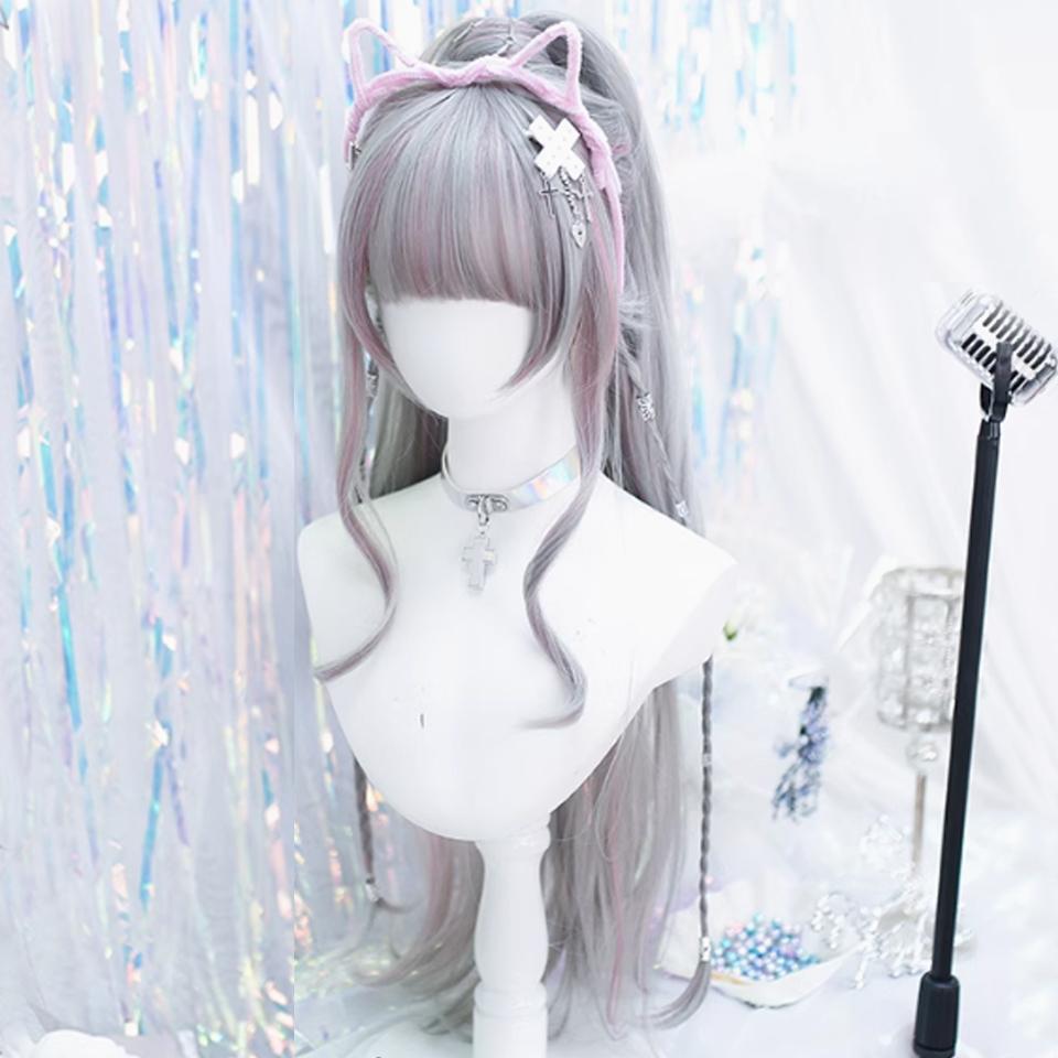 Șuvițe Gri Roz Lungă Ondulată Sintetică Perucă Femeie Stil Punk Lolita Breton Drept Păr Lung Ondulat Perucă de Petrecere Cosplay
