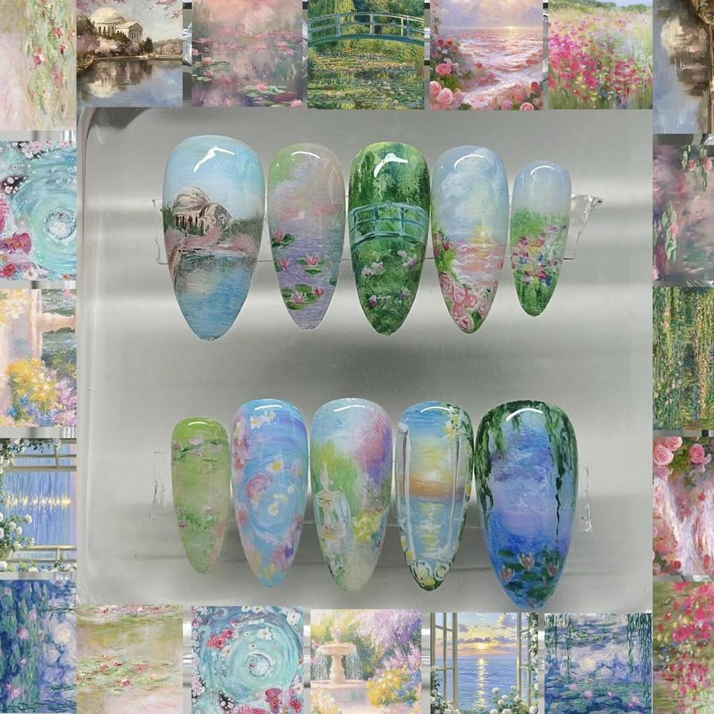 Monet Garden Almond Oil Painting Floral False Nails - 24 Pieces Wearable Nail Tips