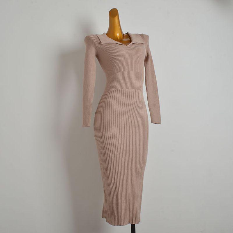 

European and American Sexy Gyaru Long Slim fit Slimming Long sleeve V-neck Knitted dress Waist Hugging Sheath over the Knee Long dress Women Gray Color XL