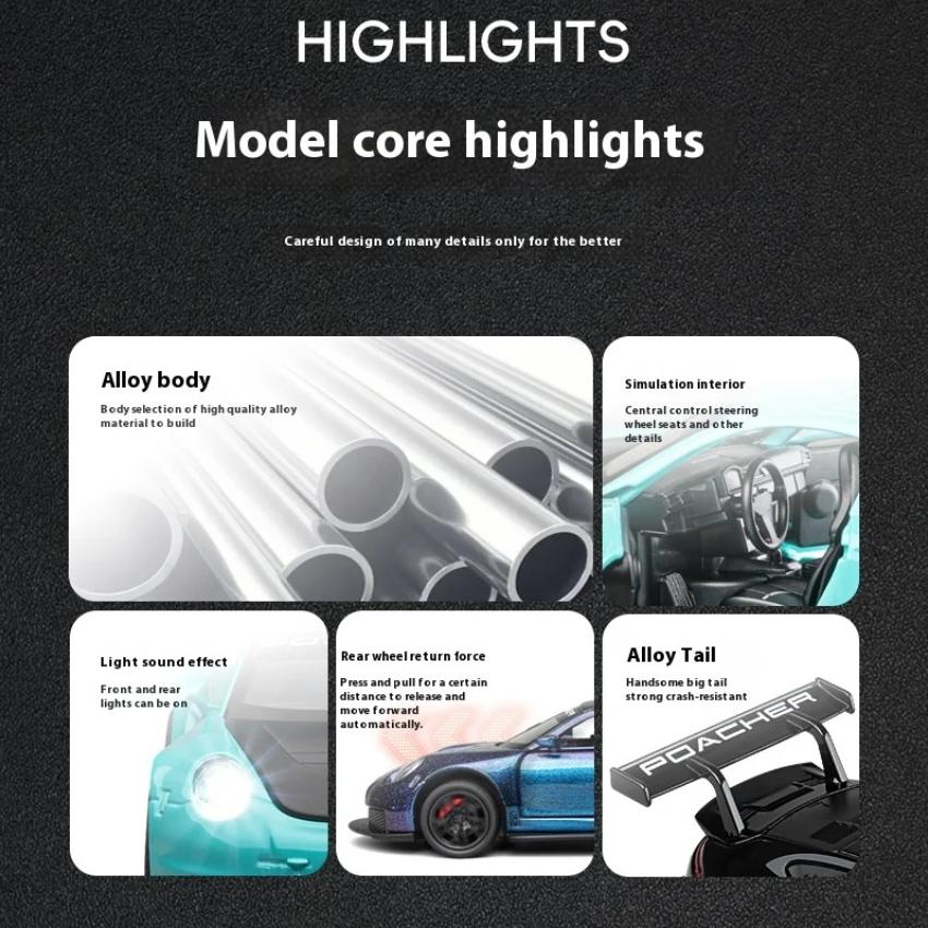 Porsche GT3 RS Legierungsauto Modell im Maßstab 1/32 mit Retro-Rückziehfunktion, Traumspielzeug für Rennsportbegeisterte, perfekt für Kinder & Sammler