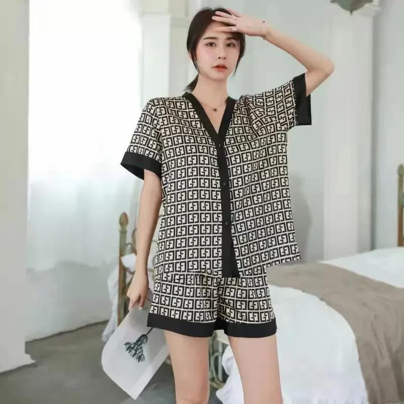 Summer Women's Pajamas Set Luxury Curves Print V Neck Sleepwear Short Casual Faux Silk Homewear 2pcs Nightie Femme