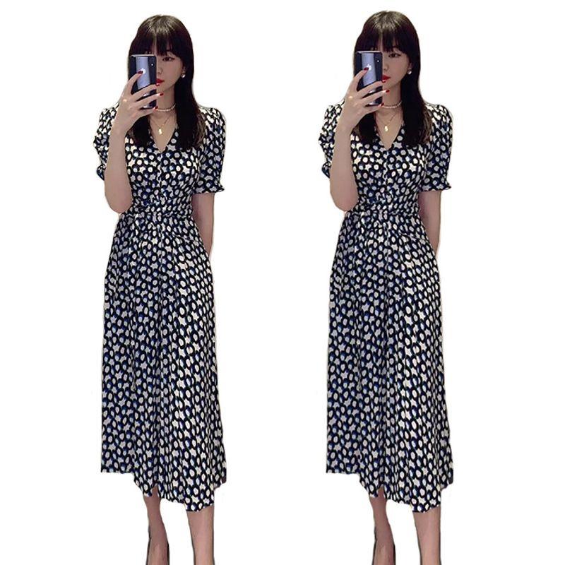 

D s Blue and White Geometric Print Romantic Elegant Slim Dress Long Dress V-neck Puff Sleeve Slim Looking High Waist Dress Female Summer Same model (blue and white V Neck dress) S