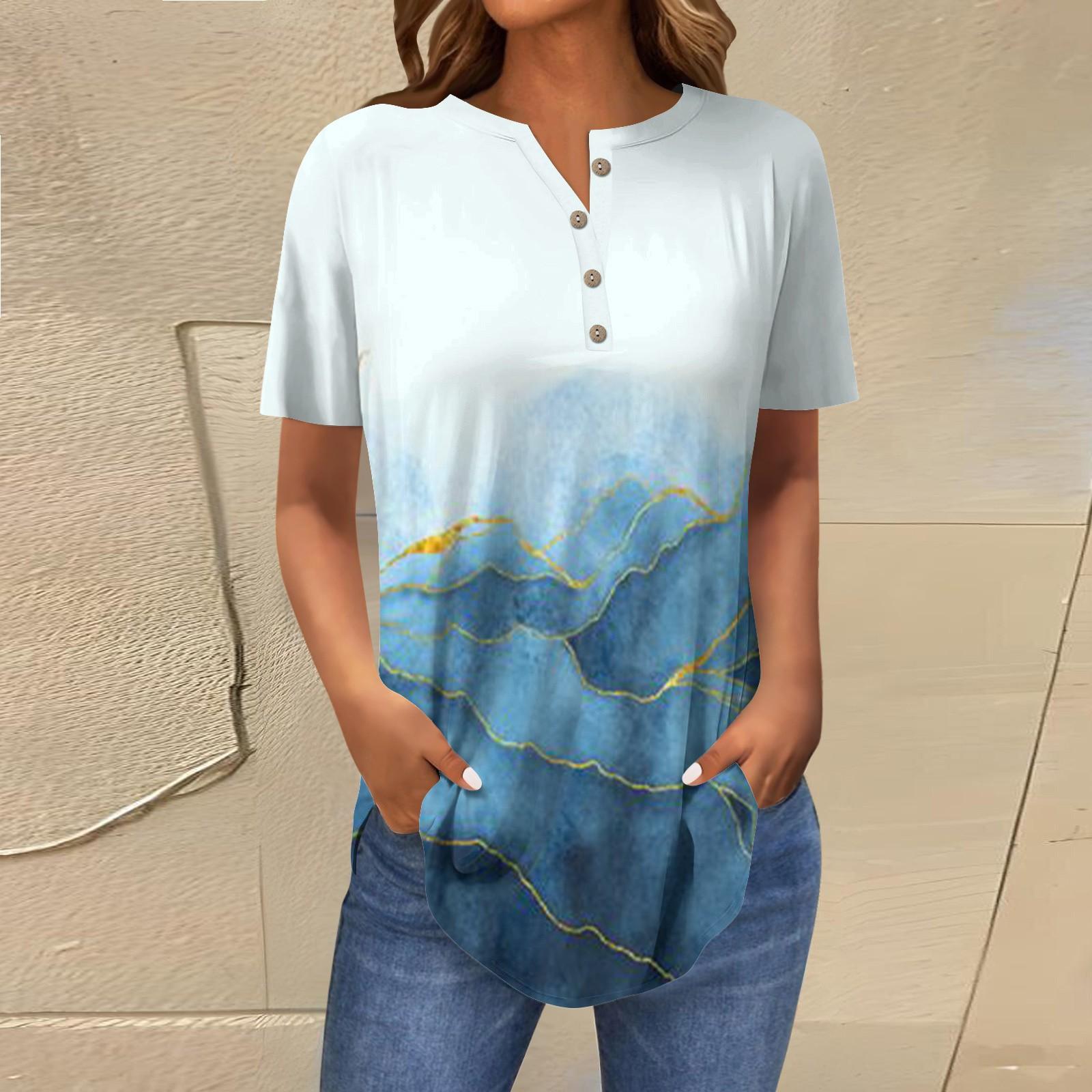 

Женская мода Свободный воротник на пуговицах с коротким рукавом и принтом Футболка Топы Пуловер L синий