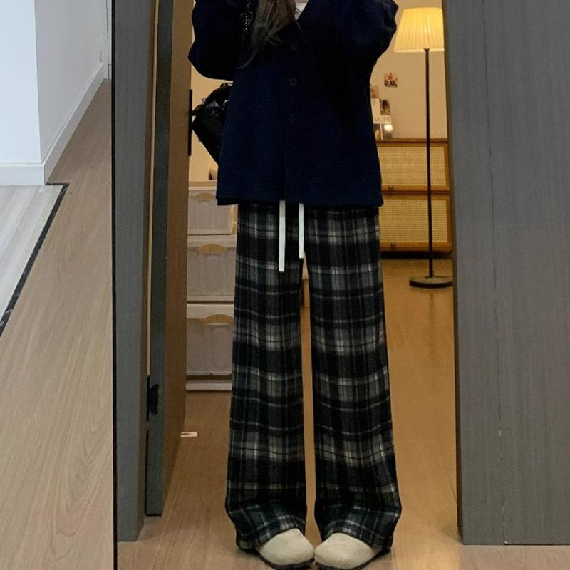 

Retro High Waist Flannel Plaid Wide-Leg Pants for Women - Coffee Color, Fall & Winter Fashion XL (Recommended for 121-130 lbs)