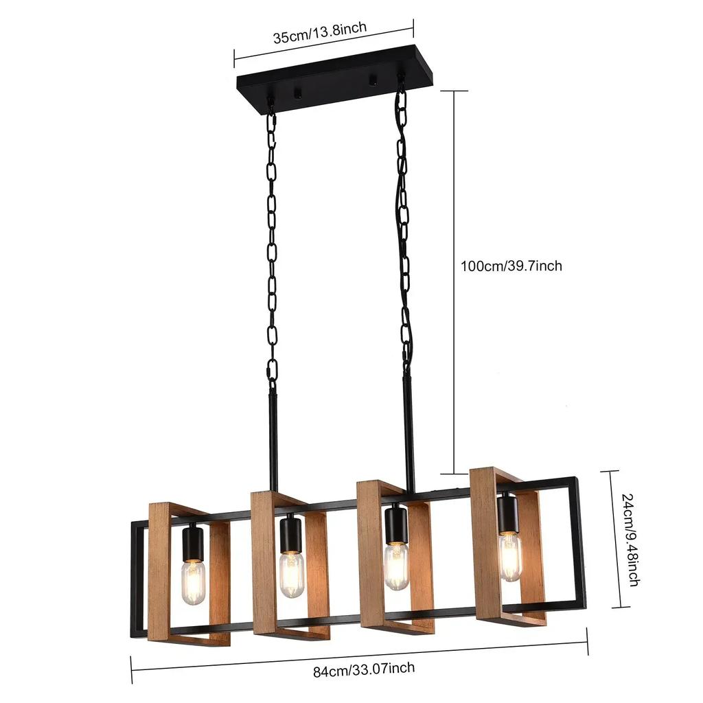 Rustic 4-Light Wood Pendant Chandelier – Farmhouse Ceiling Lamp for Dining, Island, & Living Room