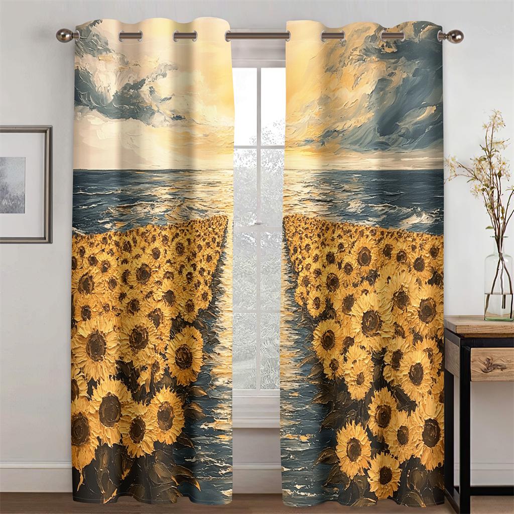3D Oil Painting Sunflower Ocean Curtains Blue Sky Sunrise Bedroom Living Room Balcony Kitchen Decorative Curtains 2 Panels