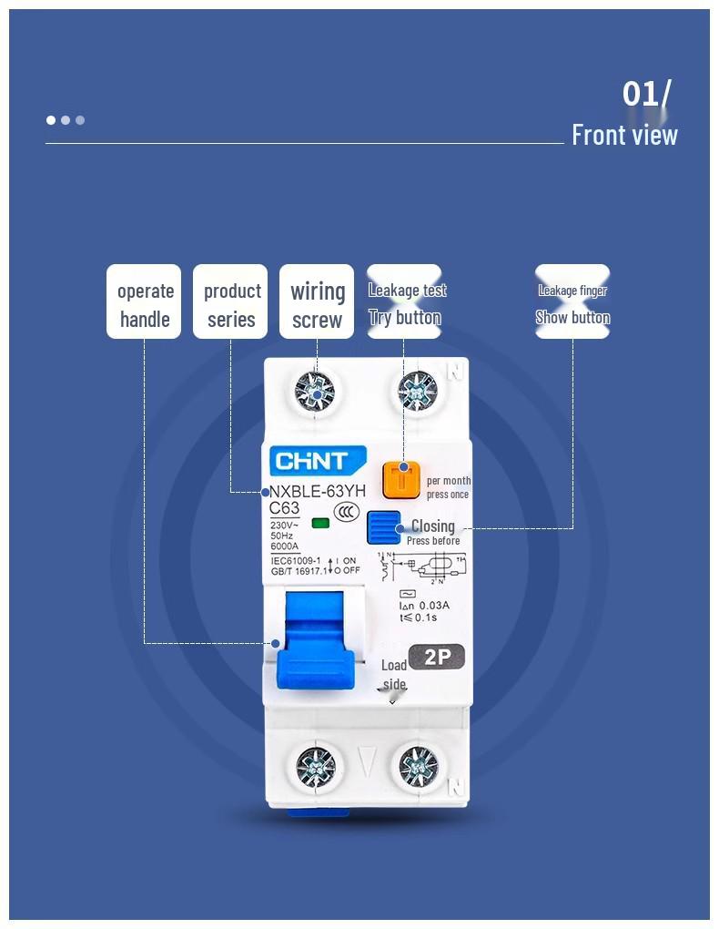CHINT NXBLE-63YH 40A/63A Residual Current Circuit Breaker, 1P+N, 2P Dual Position Air Switch for Household Use.