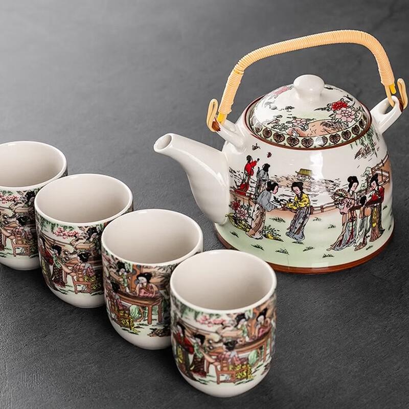 Pabei Retro Ceramic Teapot Set with Beam Handle and 4 Cups