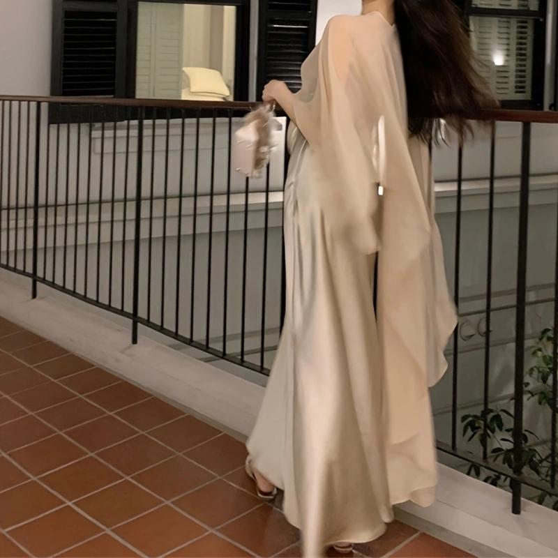 Asymmetric Tulle Cloak Strap Dress V Neck Satin Dress