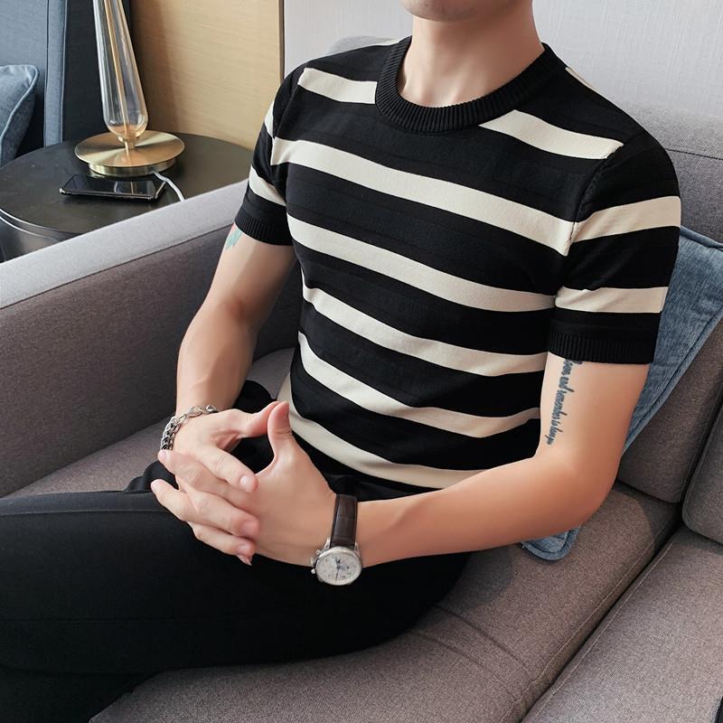 Men's Green Striped Ice Silk Slim-Fit T-Shirt - Summer Half-Sleeve