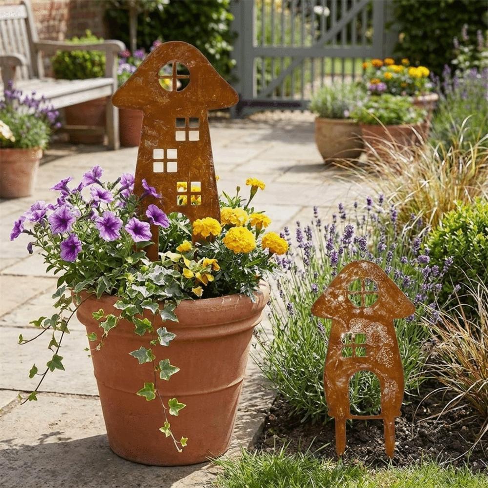 Mushroom House-Shaped Mushroom Garden Inserts Metal Rusty Mushroom Plaque  Courtyard Balcony