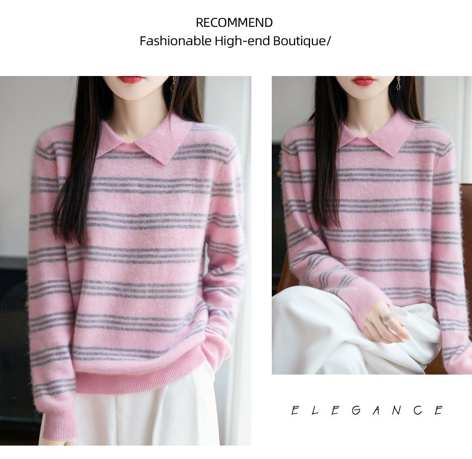 Women's 100% Pure Wool Striped Lapel Sweater - Autumn/Winter Loose Fit Knitwear