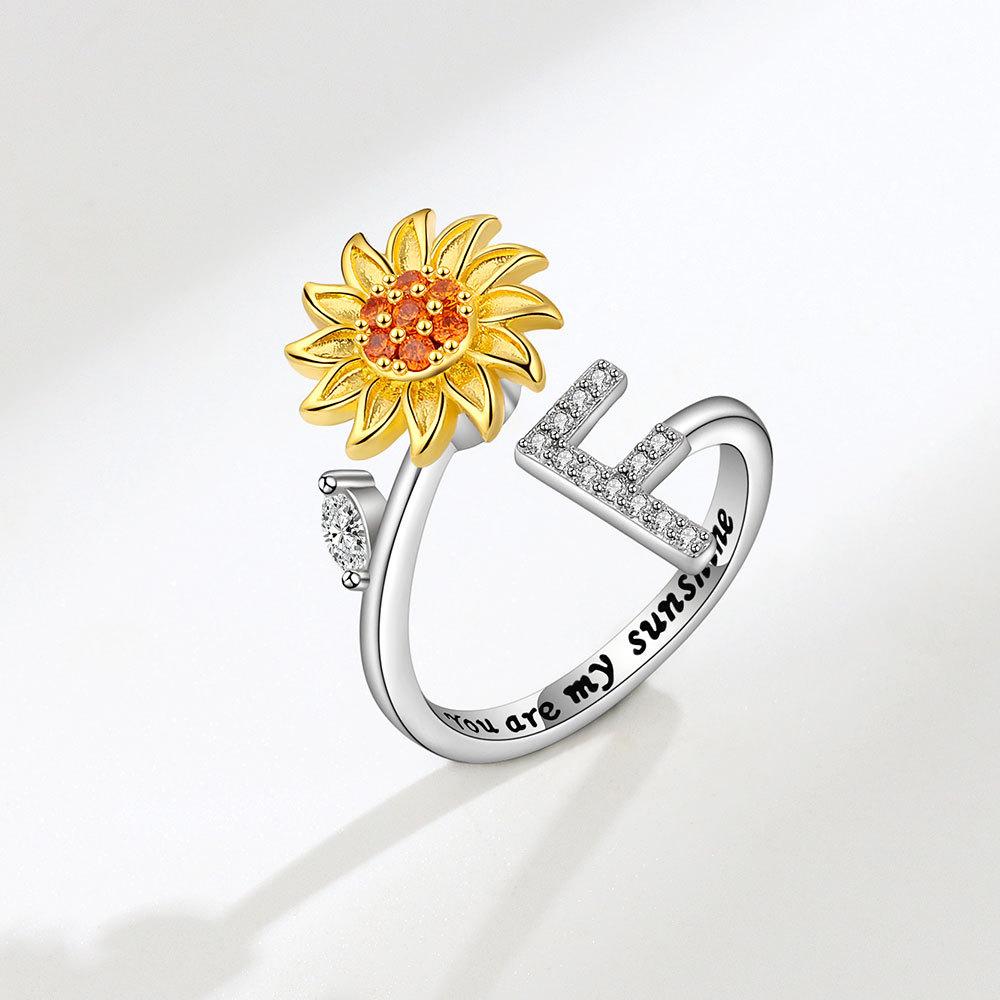 Creative Sunflower Rotating Ring 26 Letters Adjustable Open Design Women's Fashion Finger Jewelry Daily Wear & Gift Accessories