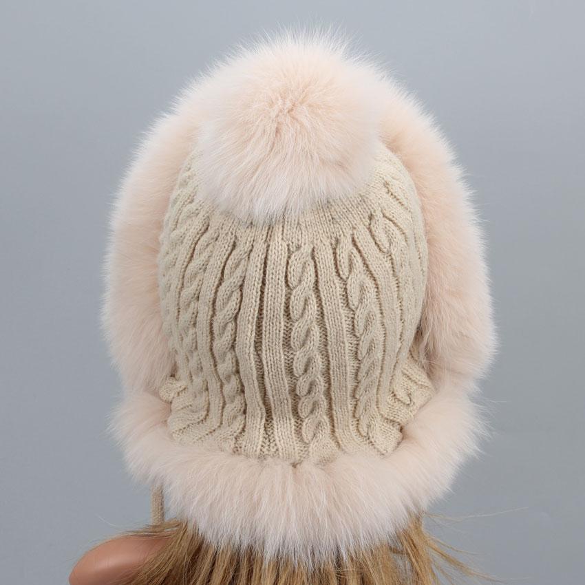 Real Fur Hat For Winter Women'S Hat Natural Fox Fur Russian Ushanka Cap Thick Warm Ears Fashion Bomber Cap Girls Fur Hat Elastic