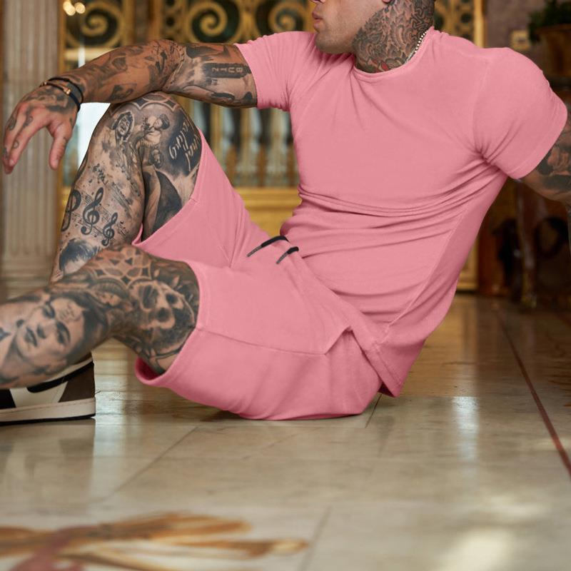 Men's Summer Sports Two-Piece: Solid Color Shorts & Short-Sleeve T-Shirt with Custom Logo Option