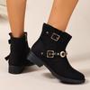Fashion Square Heel Side Zip Booties Autumn New Round Toe Metal Buckle Anti-Slip Wear-Resistant Single Boots