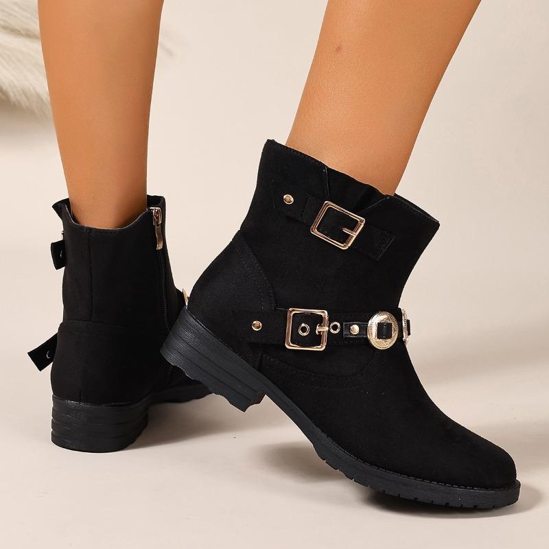 Fashion Square Heel Side Zip Booties Autumn New Round Toe Metal Buckle Anti-Slip Wear-Resistant Single Boots