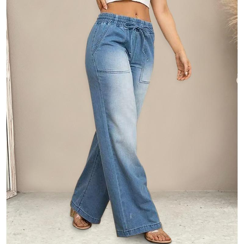 Women S Wide Leg Drawstring Elastic Waist Relaxed Fit Casual Denim Jeans