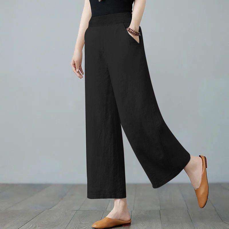2025 Women s High-Waisted Cotton Linen Wide-Leg Cropped Pants M 91-105 lbs