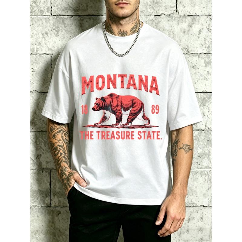 European sizes Montana Bear Graphic, Red Text And Number Design, State Pride Theme, Casual Wear for Men, Summer And Fall Outfit