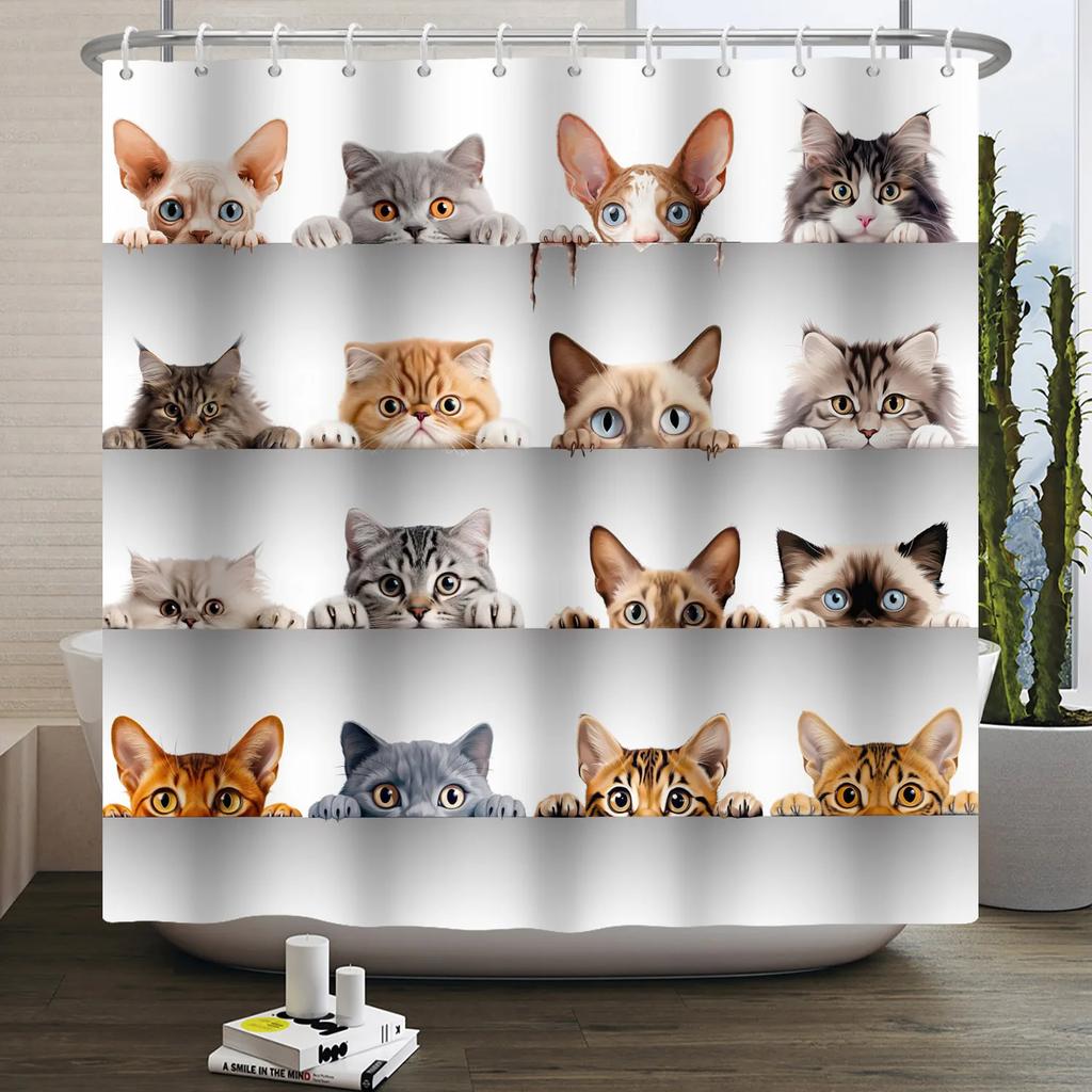 Kreskówkowy Kot Zasłona Prysznicowa Zabawne Zwierzę Słodki Kot Pies Dzieci Nadruk Wodoodporna Kąpiel Łazienka Zasłony Prysznicowe Dekoracja z Haczykami