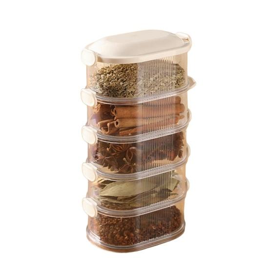 5-stufiger versiegelter Gewürzorganizer Stapelbare Gewürzaufbewahrungsboxen Luftdichter Gewürzorganizer mit transparenten unterteilten Fächern für Gewürze Kräuter Würzmittel