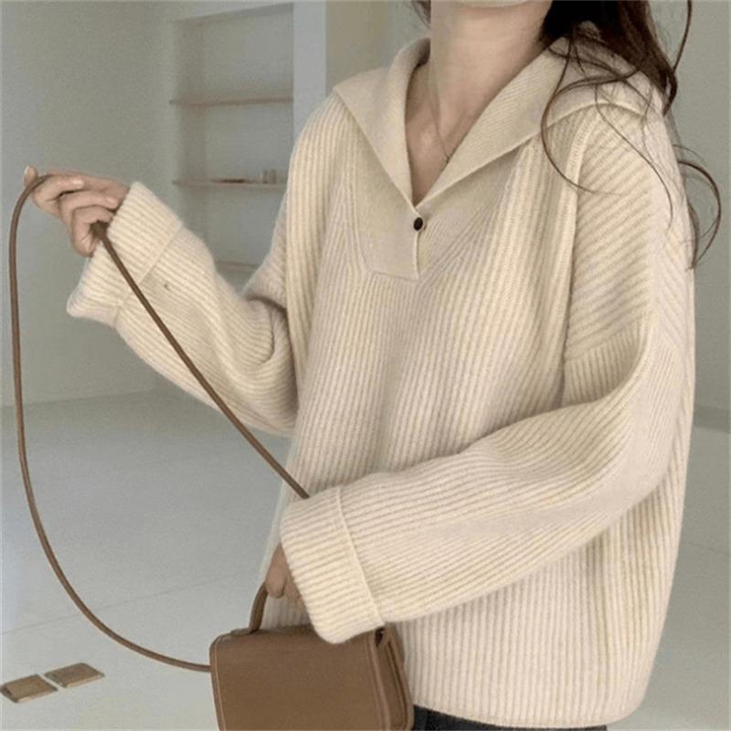 Solid color fashionable simple pullover sweater women's autumn and winter new versatile loose and thin knitted sweater top