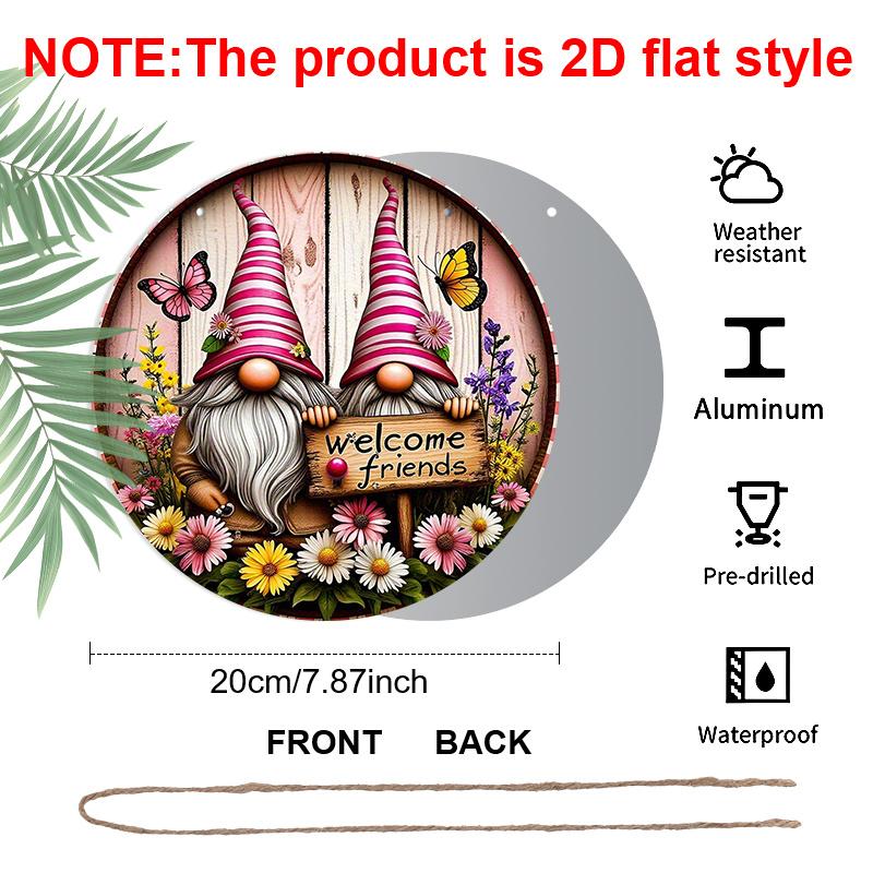 2D Flat Print, 1pc Metal Aluminum Sign, Whimsical Gnome Garden Wall Art with "Welcome Friends" Sign, Colorful Flowers & Butterflies, Rustic Decor for