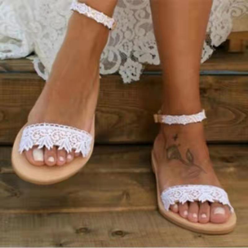 Summer New Women's Flat-heeled Sandals Lace Flower Word with Flat-toed Women's Shoes